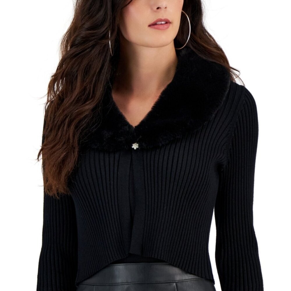 Taylor Women's Faux-Fur-Collar Rib-Knit Cardigan - Onyx Black - Size Large - NWT